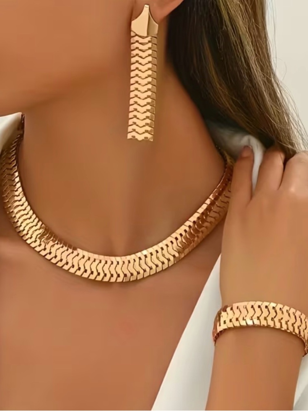 Gold-Tone Chevron Link Necklace, Bracelet & Earrings Set